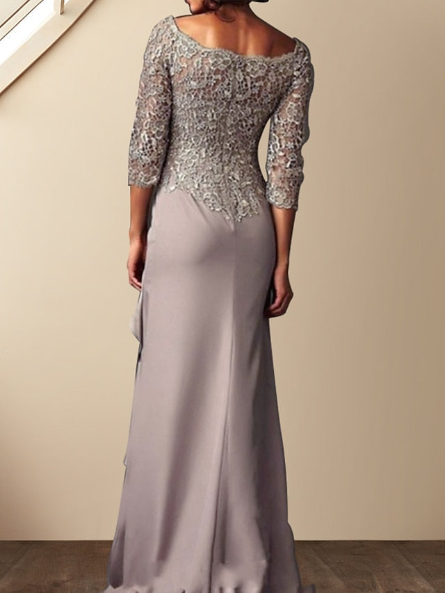 Sheath/Column Scoop Mother of the Bride Dresses Lace Chiffon Floor-Length With Ruffles