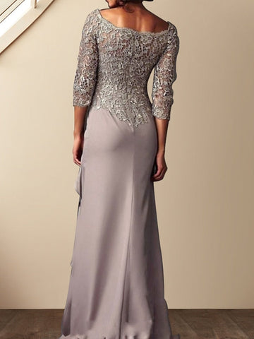 Sheath/Column Scoop Mother of the Bride Dresses Lace Chiffon Floor-Length With Ruffles