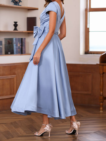 A-Line/Princess V-Neck Short Sleeves Ankle-Length Mother of the Bride Dresses With Pockets & Ruffles