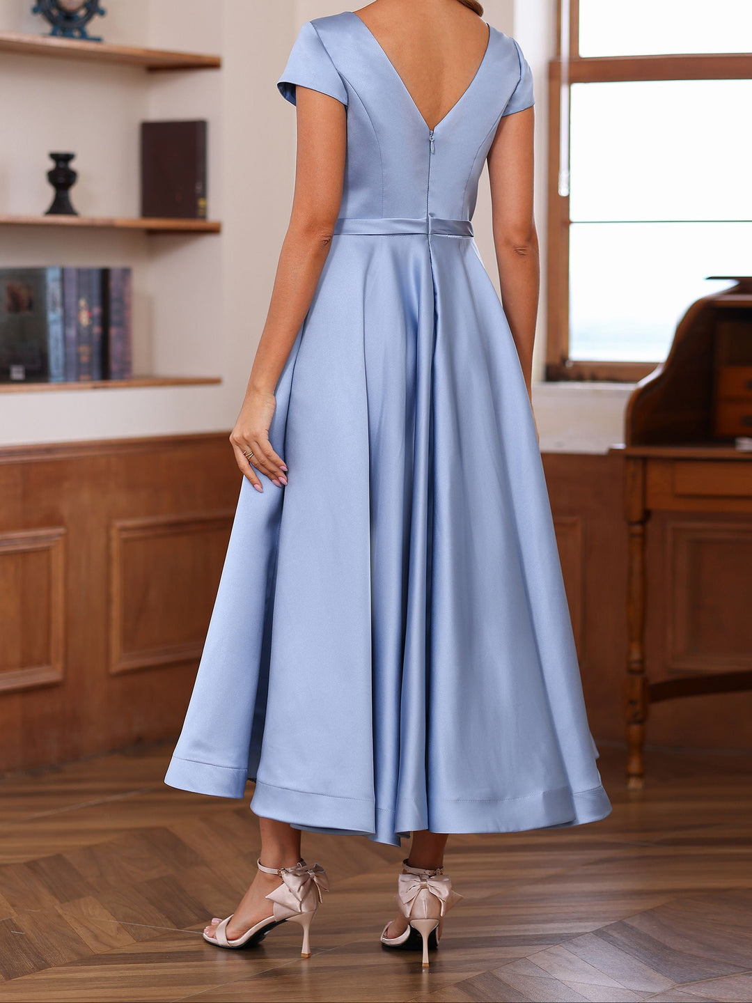 A-Line/Princess V-Neck Short Sleeves Ankle-Length Mother of the Bride Dresses With Pockets & Ruffles