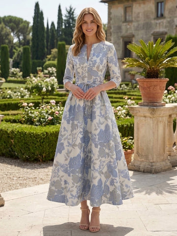 A-Line/Princess V-Neck Jacquard Mother of the Bride Dresses Floral Tea-Length Half Sleeves Ruffles