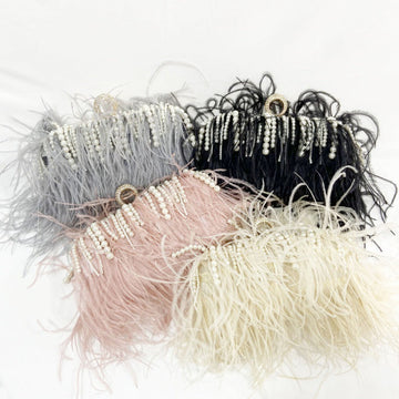Pleated Chain Ostrich Feather Clutch Hand Bags
