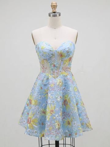 A-Line/Princess Strapless Lace Homecoming Dresses Short/Mini Sleeveless Floral