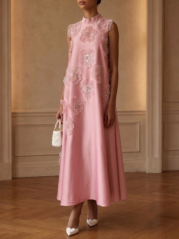A-Line/Princess Mock Neck Satin Cocktail Dresses with 3D Flower Ankle-Length Sleeveless Little White Dresses