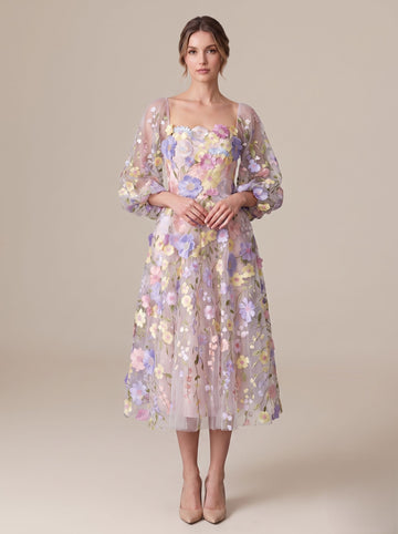 A-Line/Princess Long Sleeves Square Neck Tea-Length Cocktail Dresses with Appliques