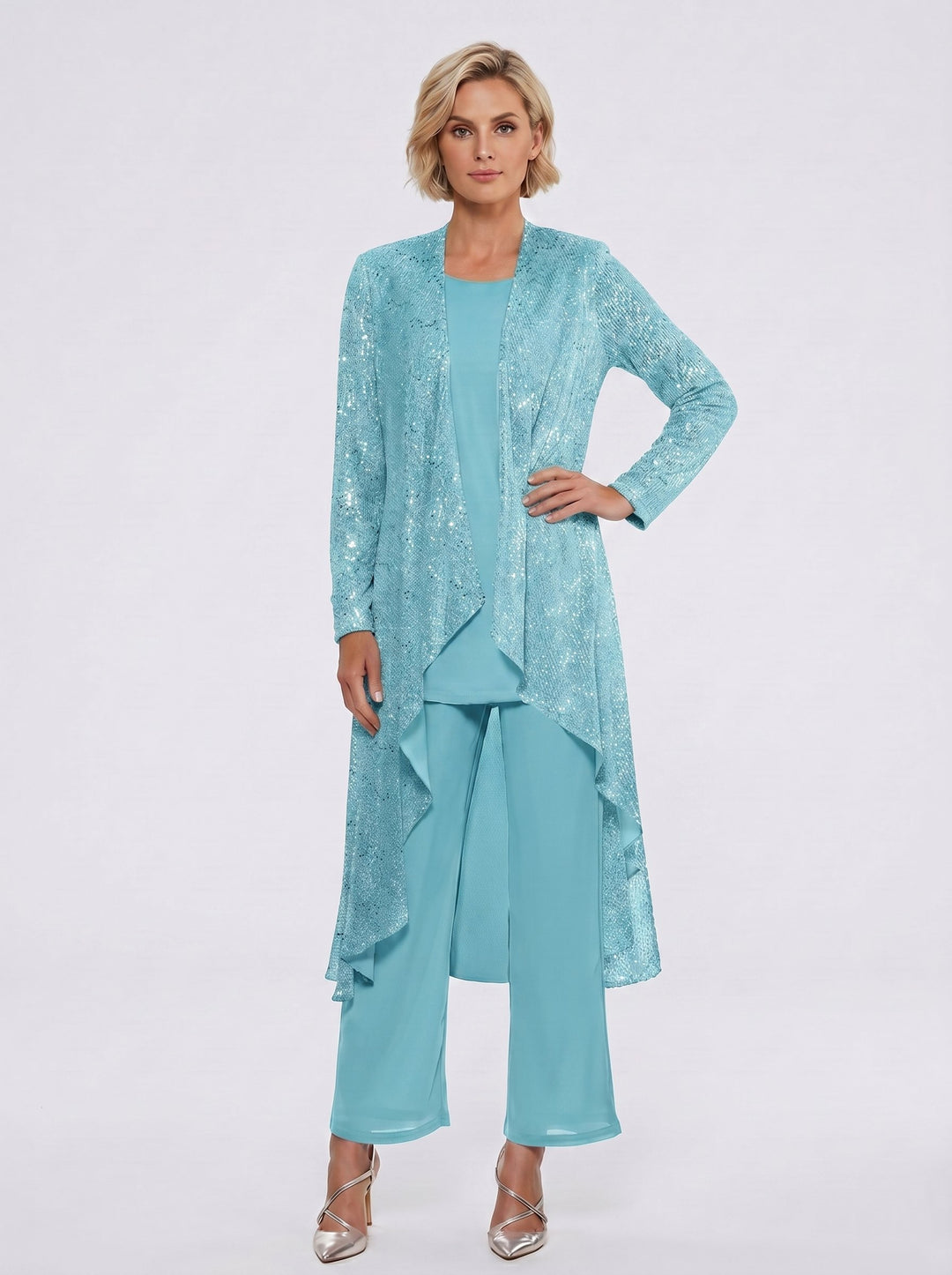 Chiffon Sequins Scoop Mother of the Bride Pantsuits with Jacket