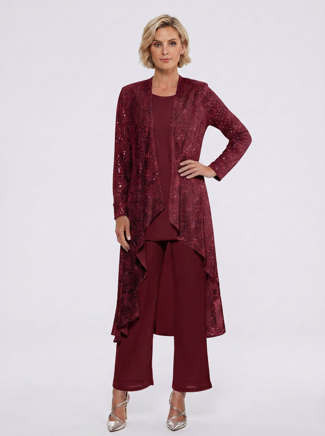 Chiffon Sequins Scoop Mother of the Bride Pantsuits with Jacket
