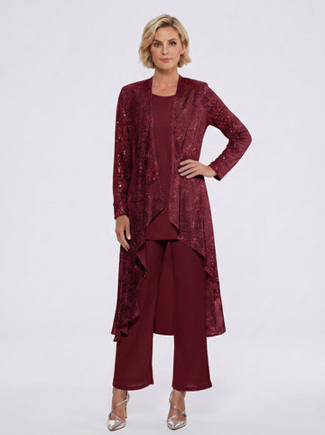 Chiffon Sequins Scoop Mother of the Bride Pantsuits with Jacket