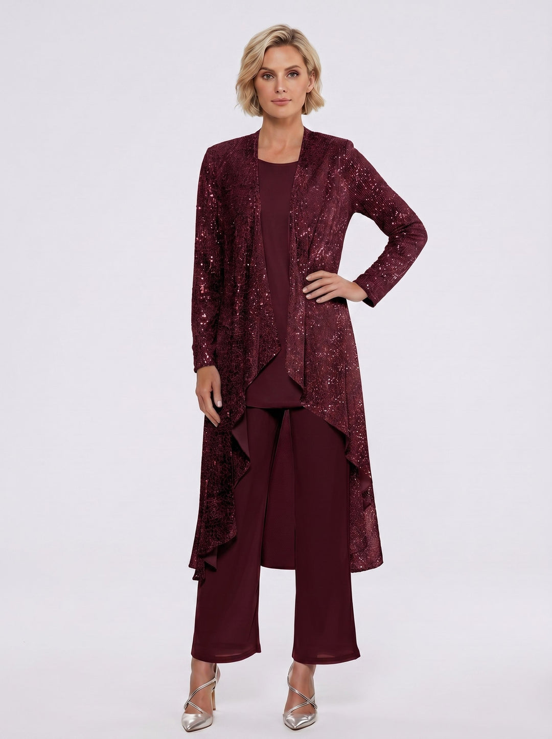 Chiffon Sequins Scoop Mother of the Bride Pantsuits with Jacket