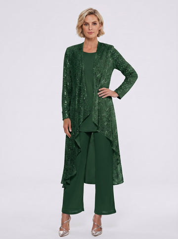 Chiffon Sequins Scoop Mother of the Bride Pantsuits with Jacket