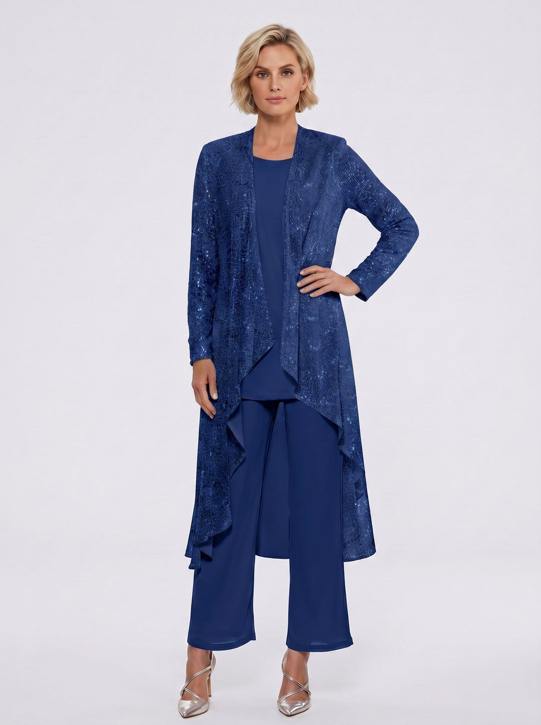 Chiffon Sequins Scoop Mother of the Bride Pantsuits with Jacket