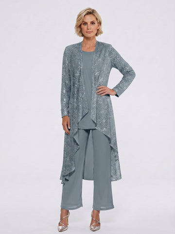Chiffon Sequins Scoop Mother of the Bride Pantsuits with Jacket