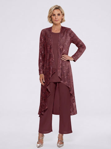Chiffon Sequins Scoop Mother of the Bride Pantsuits with Jacket