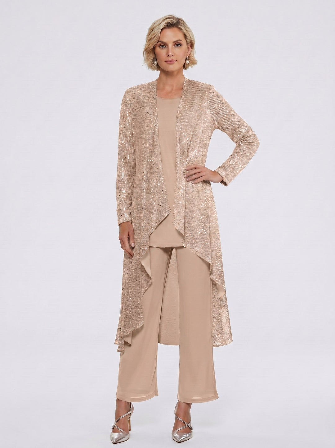 Chiffon Sequins Scoop Mother of the Bride Pantsuits with Jacket