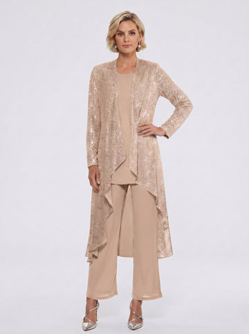 Chiffon Sequins Scoop Mother of the Bride Pantsuits with Jacket