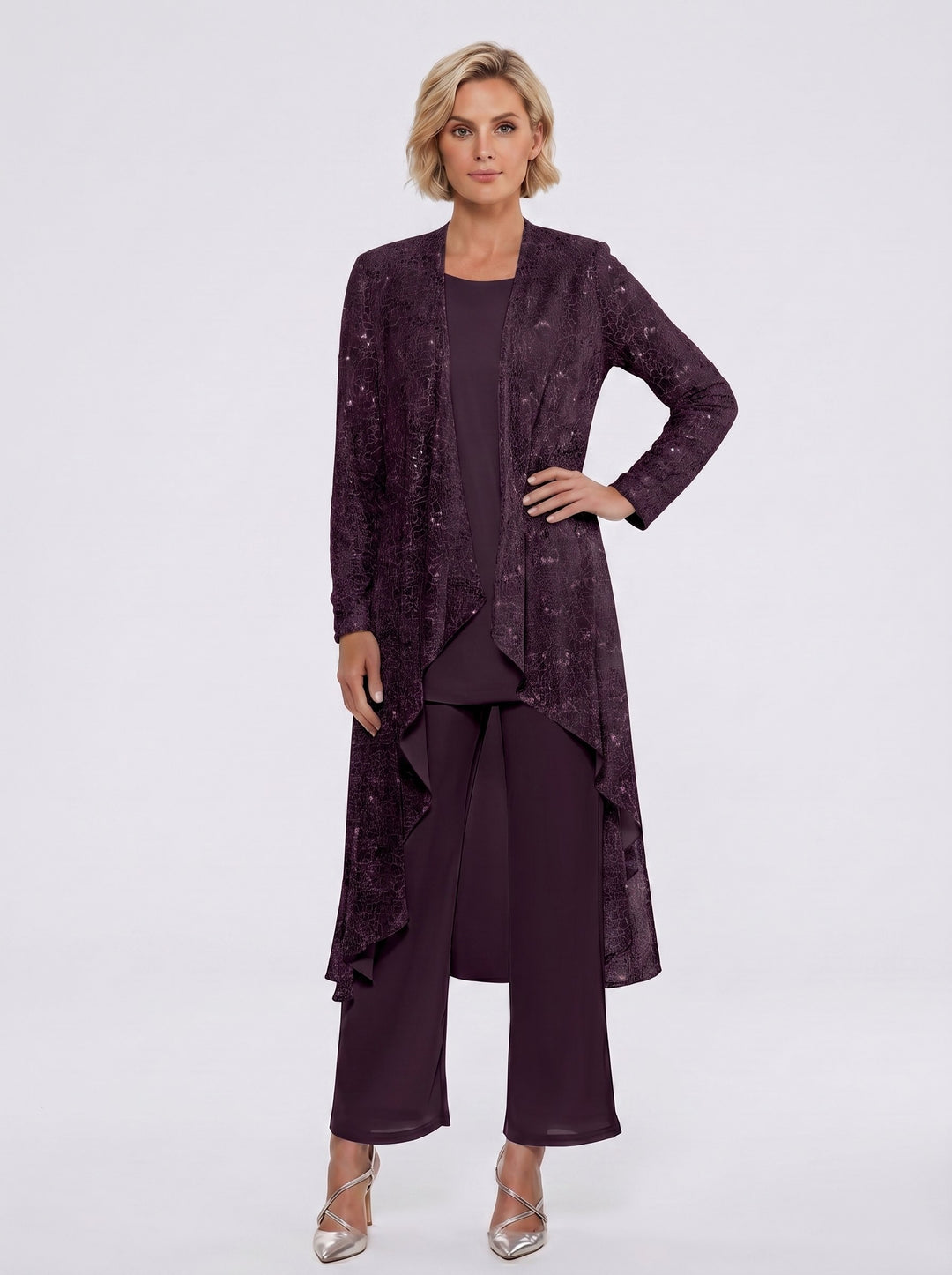 Chiffon Sequins Scoop Mother of the Bride Pantsuits with Jacket