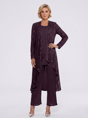 Chiffon Sequins Scoop Mother of the Bride Pantsuits with Jacket