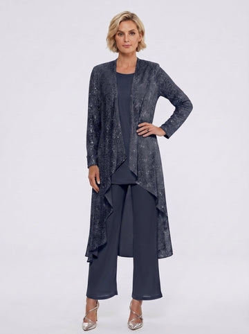 Chiffon Sequins Scoop Mother of the Bride Pantsuits with Jacket