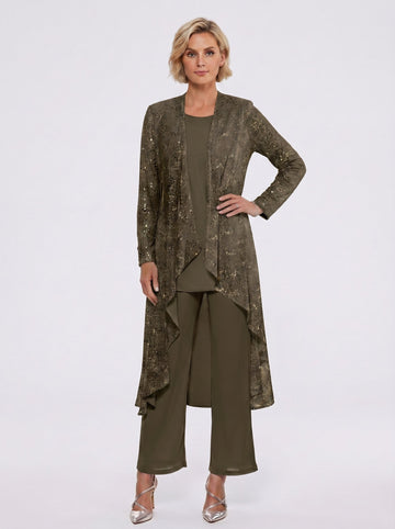 Chiffon Sequins Scoop Mother of the Bride Pantsuits with Jacket