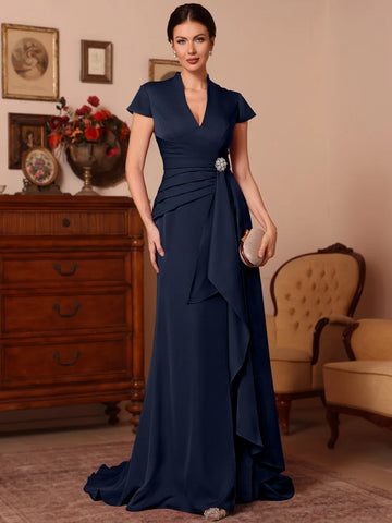 Trumpet/Mermaid V-Neck Stretch Satin Exclusive Mother of the Bride Dresses Floor-Length Sweep Train Cap Sleeves Ruffles