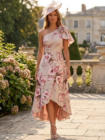 A-Line/Princess Cocktail Dress One-Shoulder Asymmetrical -Length Formal Floral Printed Wedding Guest Dresses