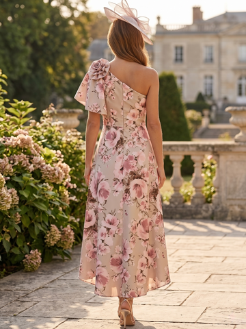 A-Line/Princess Cocktail Dress One-Shoulder Asymmetrical -Length Formal Floral Printed Wedding Guest Dresses